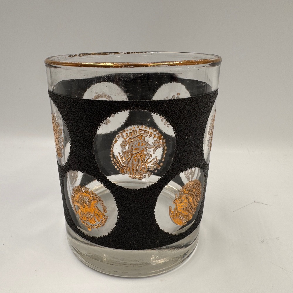 Vintage Culver Style Black Gold Coin Rocks Glass Mid Century Modern Barware
